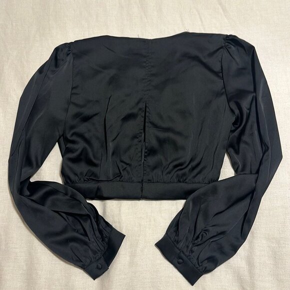 DO+BE Black Silk Cropped Top with Deep V-Neck and Button Details - Size Large - Picture 5 of 7